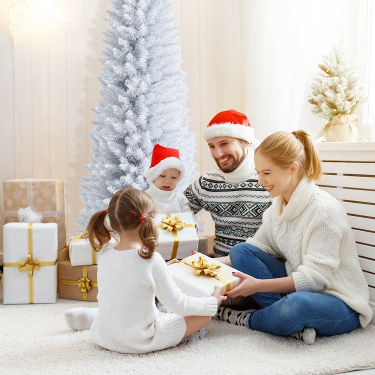 7 feet unlit artificial slim Christmas pencil tree with metal stand, featuring a bright white color and dense branch.