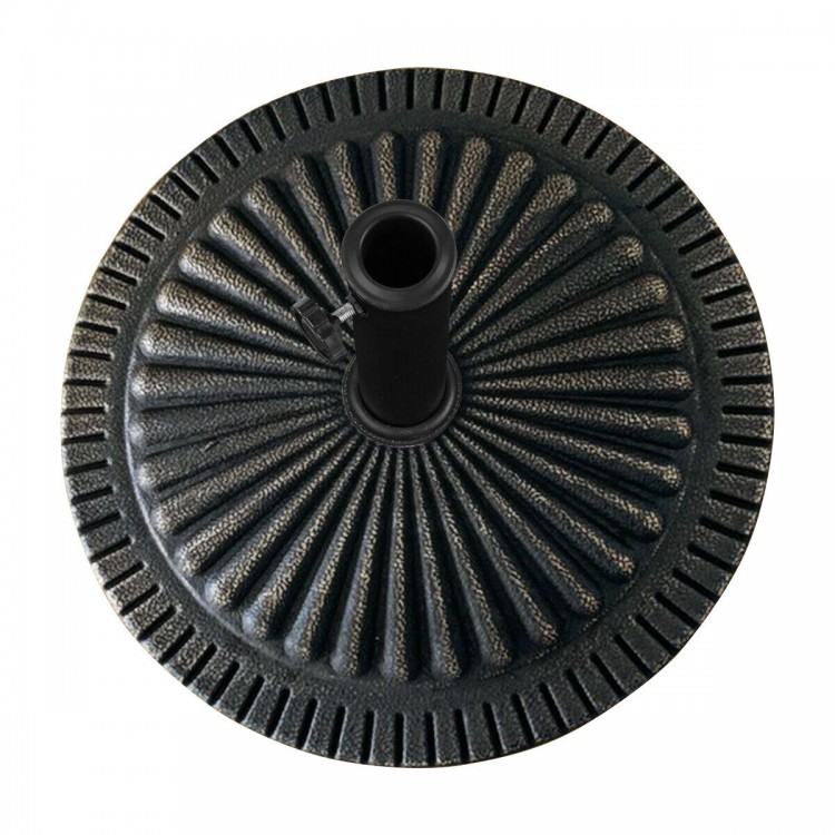 Heavy-duty bronze umbrella base with petaloid knob, designed for stability in outdoor settings like patios and gardens.