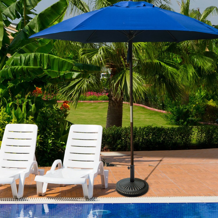 Heavy-duty bronze umbrella base with petaloid hand-turn knob, ideal for outdoor stability by pools or patios.