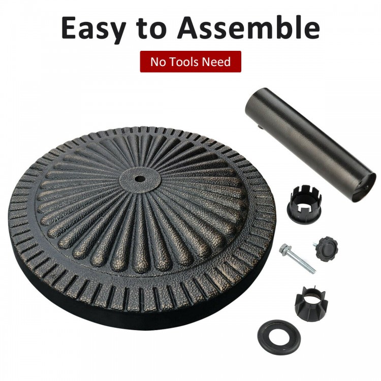 Heavy-duty bronze umbrella base with petaloid hand-turn knob, easy to assemble, ideal for outdoor patios and gardens.