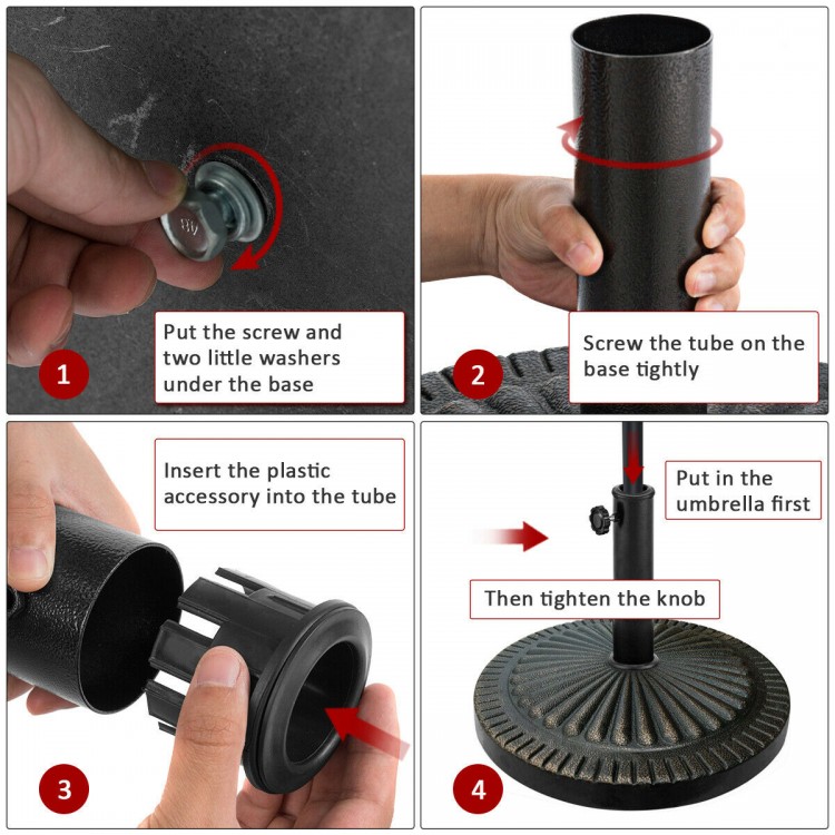 Heavy-duty bronze umbrella base with petaloid knob, ideal for stability in gardens and patios, easy to assemble.