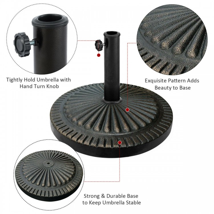 Heavy-duty bronze umbrella base with petaloid hand-turn knob for stability, ideal for outdoor patios and gardens.