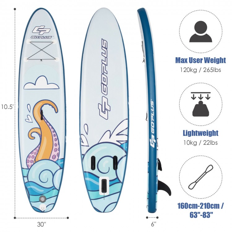 10.5 feet inflatable stand-up paddle board with non-slip deck, suitable for water activities like yoga and fishing.
