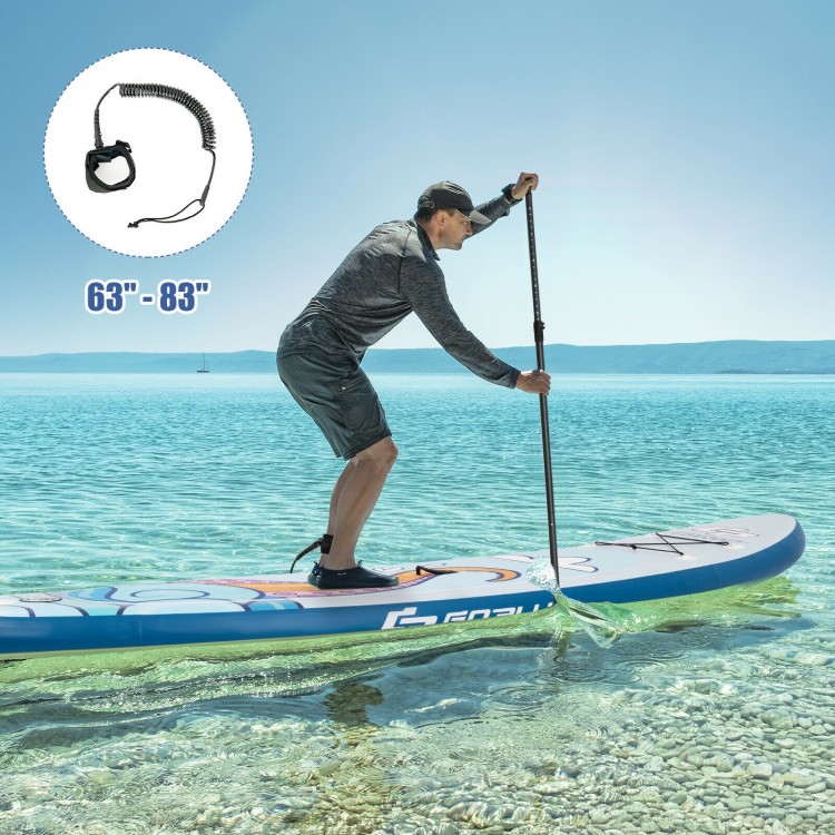 Inflatable stand-up paddle board with adjustable aluminum paddle, ideal for water activities like yoga and fishing.