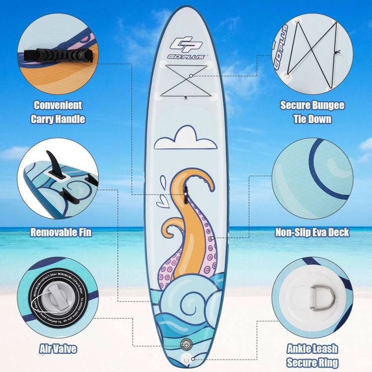 Inflatable stand-up paddle board with non-slip EVA deck, removable fins, and convenient carry handle for water.