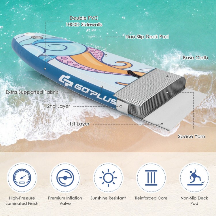 Inflatable stand-up paddle board with non-slip deck, 10.5 feet, ideal for water activities like yoga and fishing.