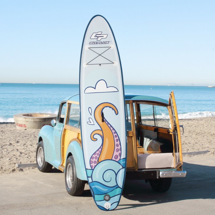 10.5 feet inflatable stand-up paddle board with colorful design, ideal for water activities and easy to transport.