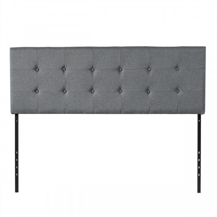 Gray tufted linen fabric upholstered headboard with adjustable steel legs, designed for queen and full size beds.