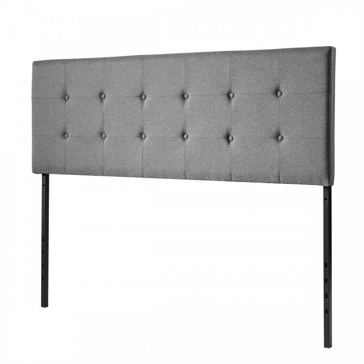 Tufted gray linen fabric headboard with adjustable steel legs for queen and full size beds, offering modern elegance.