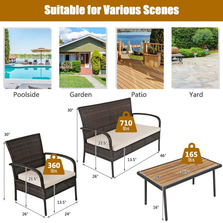 Cushioned wicker sofa set with acacia wood tabletop, ideal for patio and garden use, featuring a sturdy steel frame.