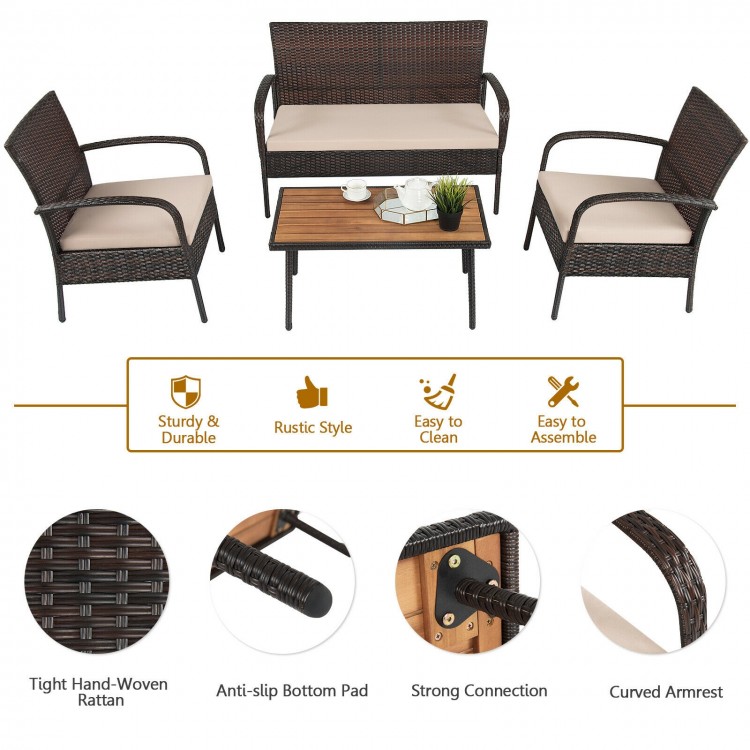 4-piece patio cushioned wicker conversation set with acacia wood tabletop, featuring ergonomic design and.