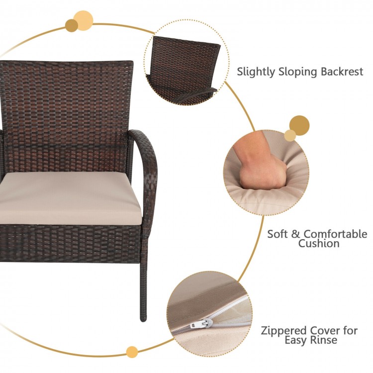 Cushioned wicker chair with slightly sloping backrest and soft cushion, ideal for patio or garden relaxation.