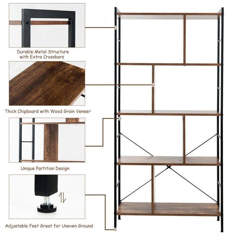 4-tier industrial bookshelf with thick chipboard and durable metal frame, ideal for living room or study storage.