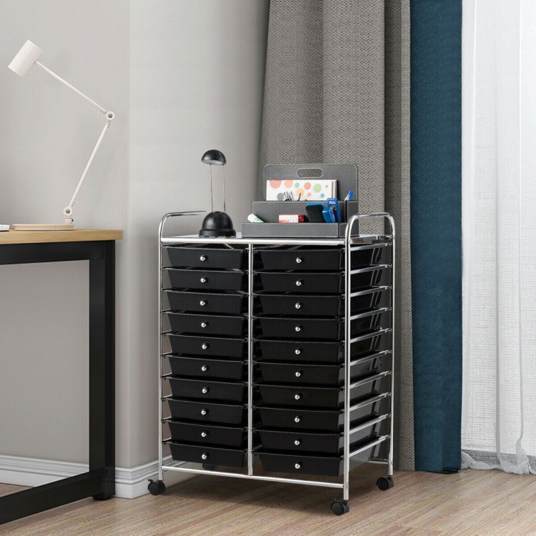 20-drawer rolling cart in black with chrome metal frame, ideal for organizing art supplies and office tools.