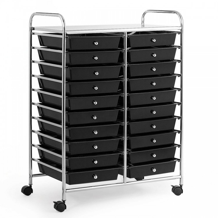 20-drawer storage rolling cart in black with chrome metal frame, ideal for organizing art supplies and office tools.