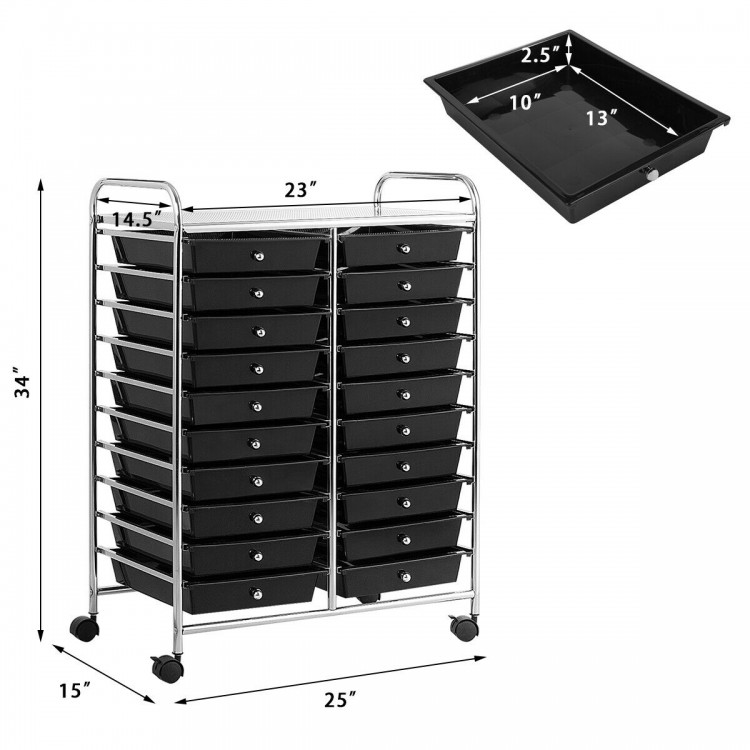 20-drawer rolling cart organizer in black with metal frame, ideal for home or studio storage and easy mobility.