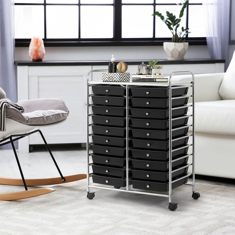 Front view of a 20-drawer rolling cart with black drawers and chrome frame, perfect for organizing craft and office.