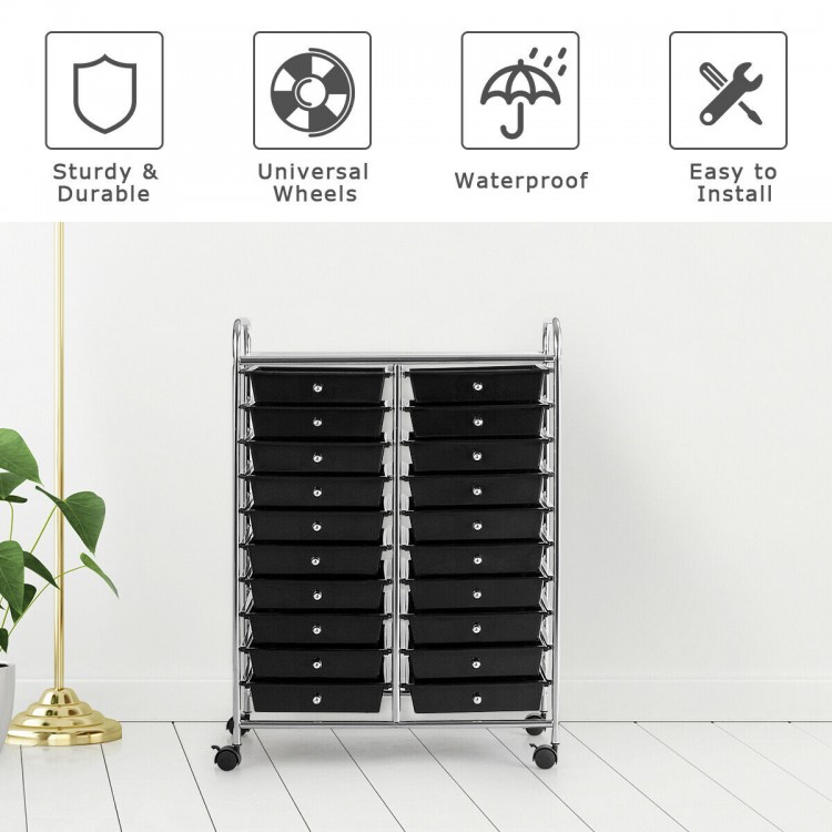 20-drawer rolling cart organizer in black with chrome metal frame, ideal for home or studio storage and easy mobility.