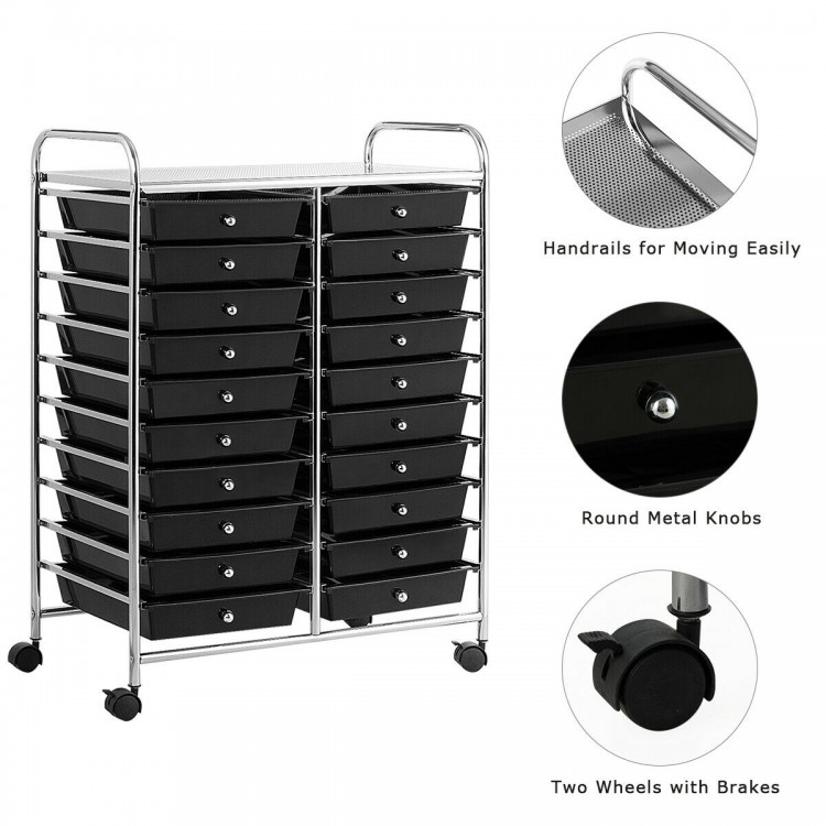 20-drawer black rolling cart with chrome metal frame, easy-access drawers, and wheels for versatile storage solutions.