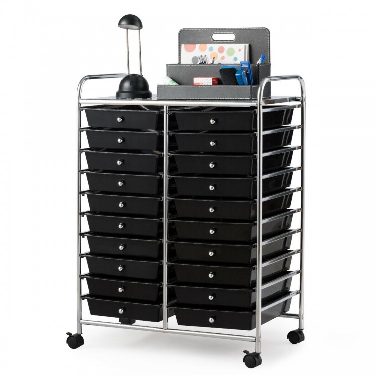 20-drawer rolling cart organizer in black with chrome metal frame, ideal for home, office, or art studio storage.