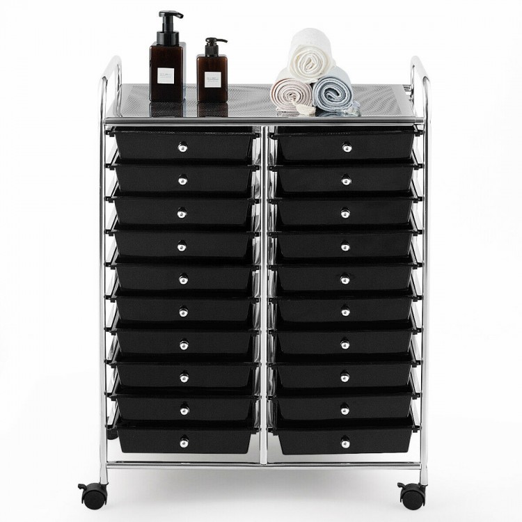 20-drawer black storage rolling cart with chrome metal frame, ideal for organizing art supplies and office essentials.