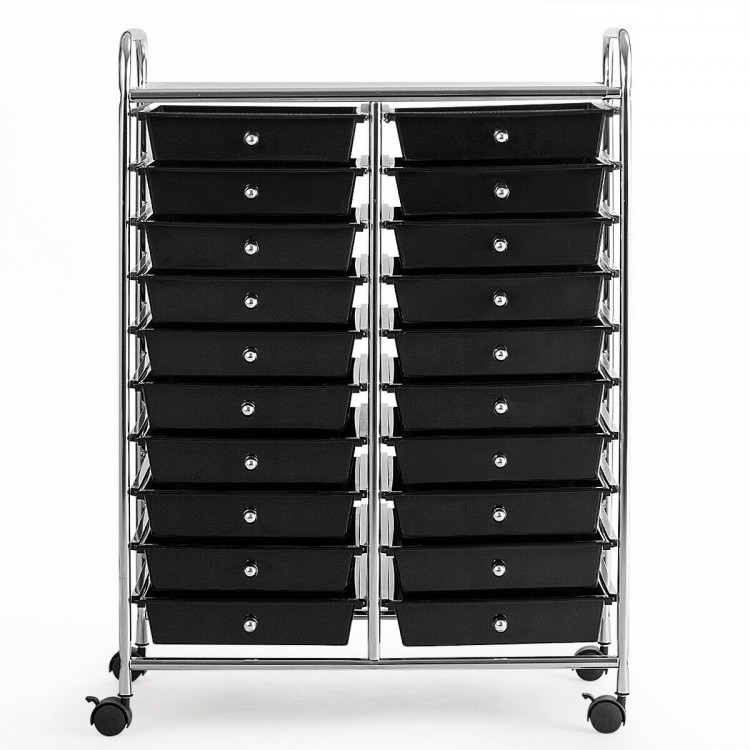 20-drawer rolling cart with black plastic drawers and chrome metal frame, ideal for organizing home or office supplies.