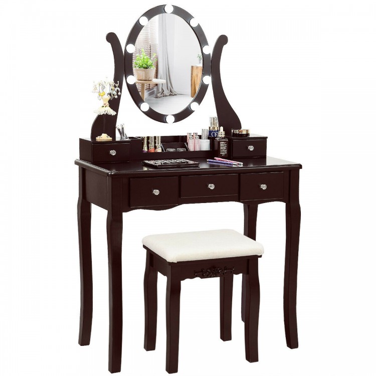 Oval rotating mirror on the brown vanity table set with 10 dimmable lights, perfect for achieving your desired makeup.