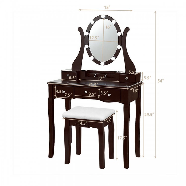 Elegant brown vanity table set with lighted mirror, cushioned stool, and 5 drawers for ample storage in compact spaces.