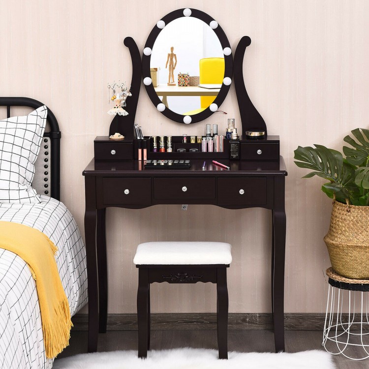 Elegant brown vanity table set with lighted mirror, cushioned stool, and five drawers for ample storage in any space.