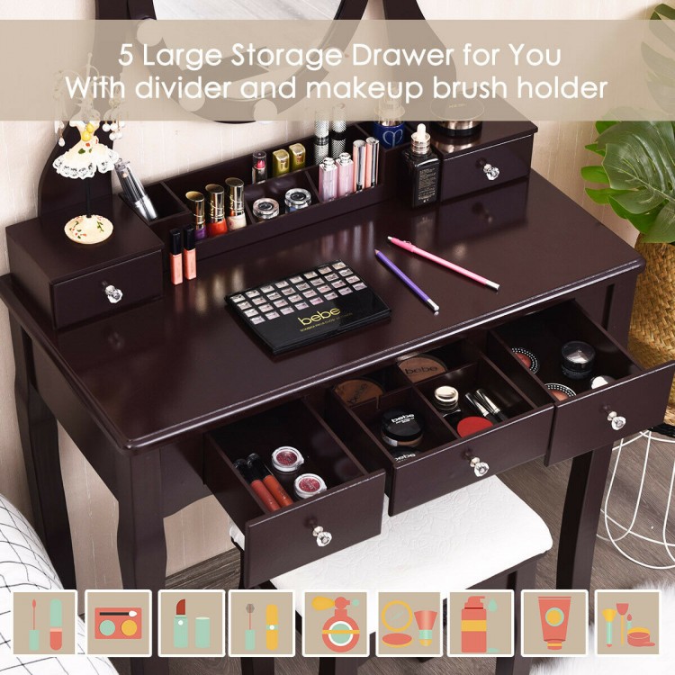 Elegant brown vanity table set with lighted mirror, cushioned stool, and 5 large storage drawers for cosmetics.