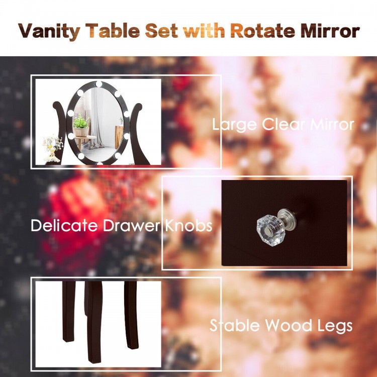 Vanity table set with a lighted mirror, cushioned stool, and five drawers for ample storage in brown finish.