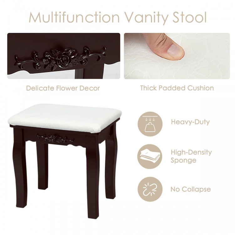 Cushioned stool with delicate flower decor, made of MDF and solid wood, perfect for a vanity table or as extra seating.