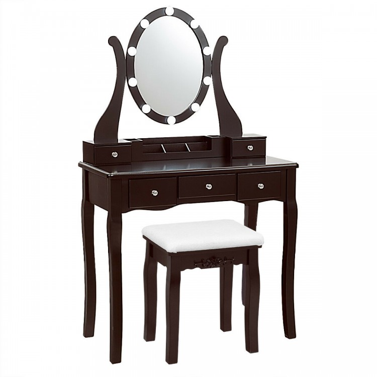 Elegant brown vanity table set with lighted mirror, cushioned stool, and five storage drawers for cosmetics.