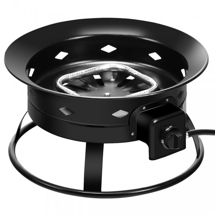 Portable propane fire pit with black powder-coated iron, 58,000BTU, ideal for camping and outdoor gatherings.