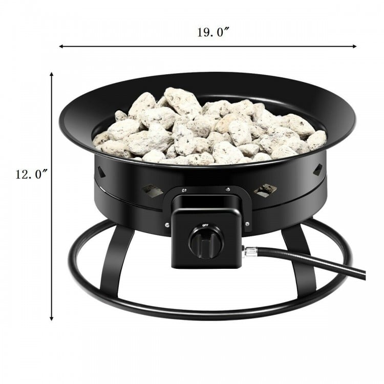 Portable propane fire pit with black powder-coated iron, 19" diameter, perfect for camping and outdoor gatherings.