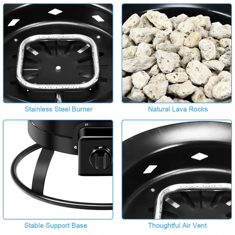 Stainless steel burner and natural lava rocks in a portable propane fire pit for outdoor camping and gatherings.