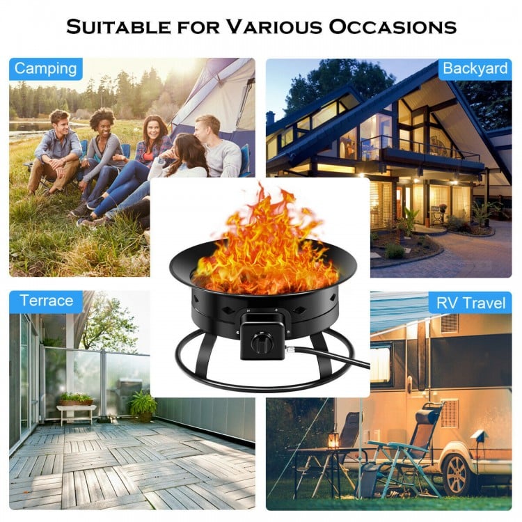 Portable propane fire pit with black powder coating, perfect for camping, backyards, and RV travel.