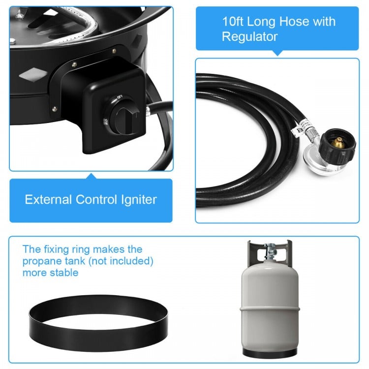 10ft propane hose with regulator for 58,000BTU fire pit, ensuring safe and efficient outdoor use.