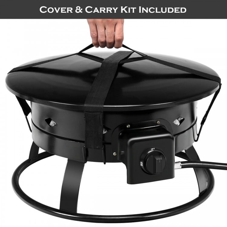 Portable propane fire pit with black powder-coated iron, includes cover and carry kit for easy transport and storage.