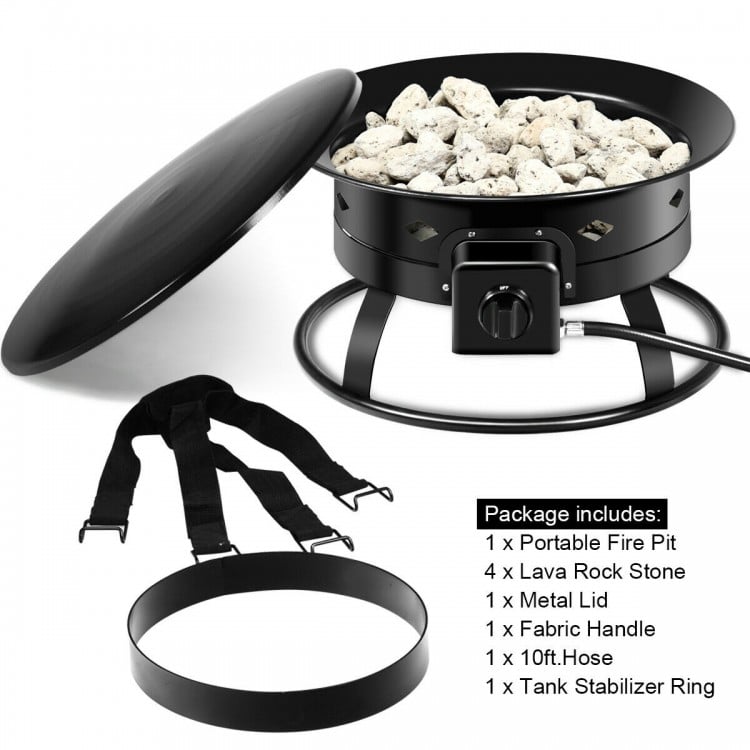 Portable propane fire pit with black powder-coated iron, lava rocks, and metal lid, ideal for camping and outdoor.