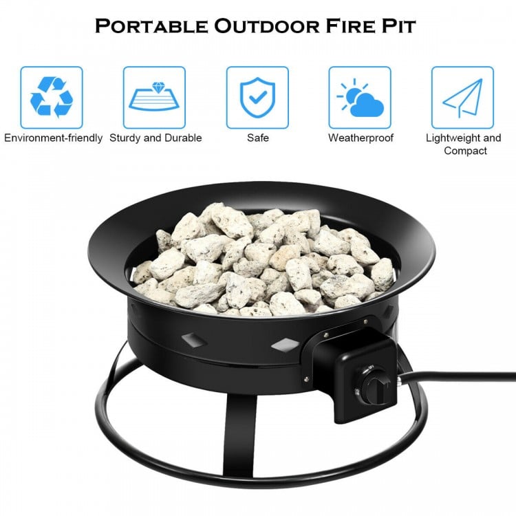 Portable propane fire pit with black powder-coated iron, lava rocks, and compact design for outdoor camping and.