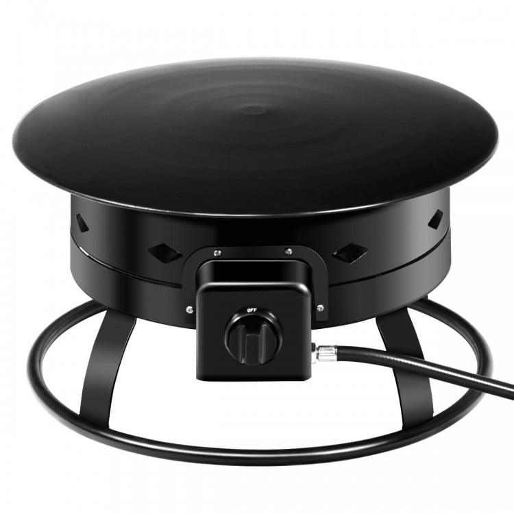 Portable 58,000BTU propane fire pit with black powder-coated iron, perfect for camping and outdoor gatherings.