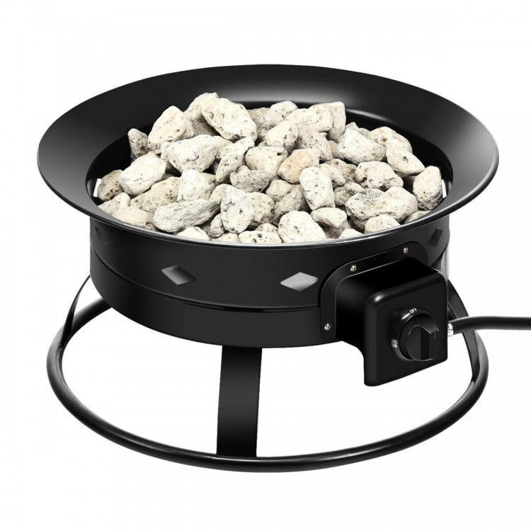 Portable propane fire pit with lava rocks, sturdy black iron construction, ideal for camping and outdoor gatherings.