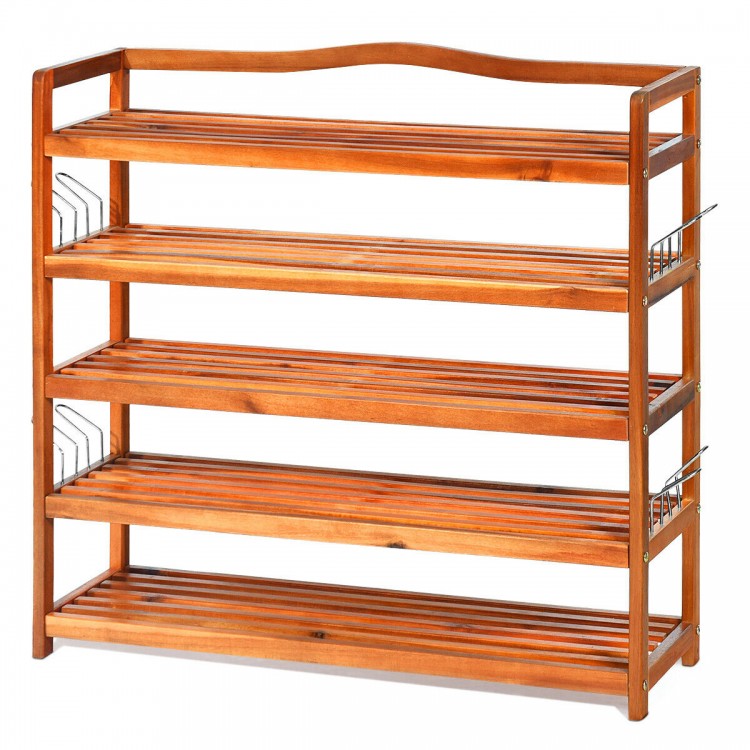 5-tier acacia wood shoe rack with removable shelves and metal hooks, perfect for organizing 12-18 pairs in any room.