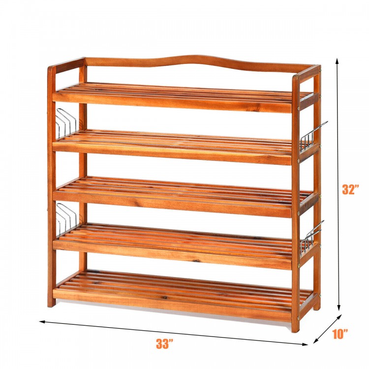 5-tier wood shoe rack made of acacia wood, featuring removable shelves and metal hooks, ideal for home storage.