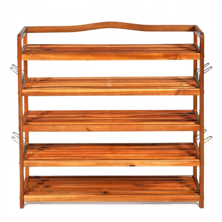 5-tier acacia wood shoe rack with removable shelves and metal hooks, ideal for organizing 12-18 pairs in any room.
