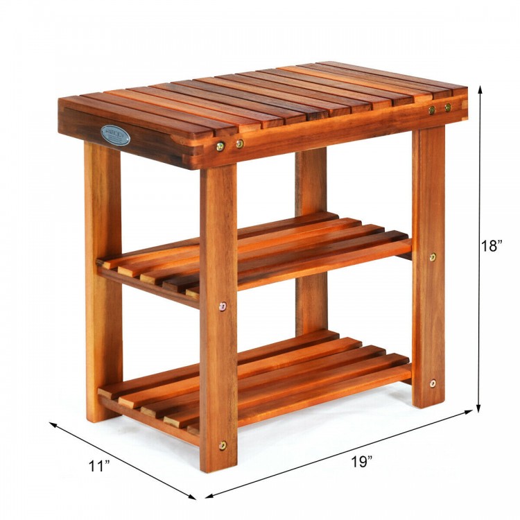 3-tier wood shoe bench organizer made of acacia wood, featuring a solid construction for entryway or bathroom use.