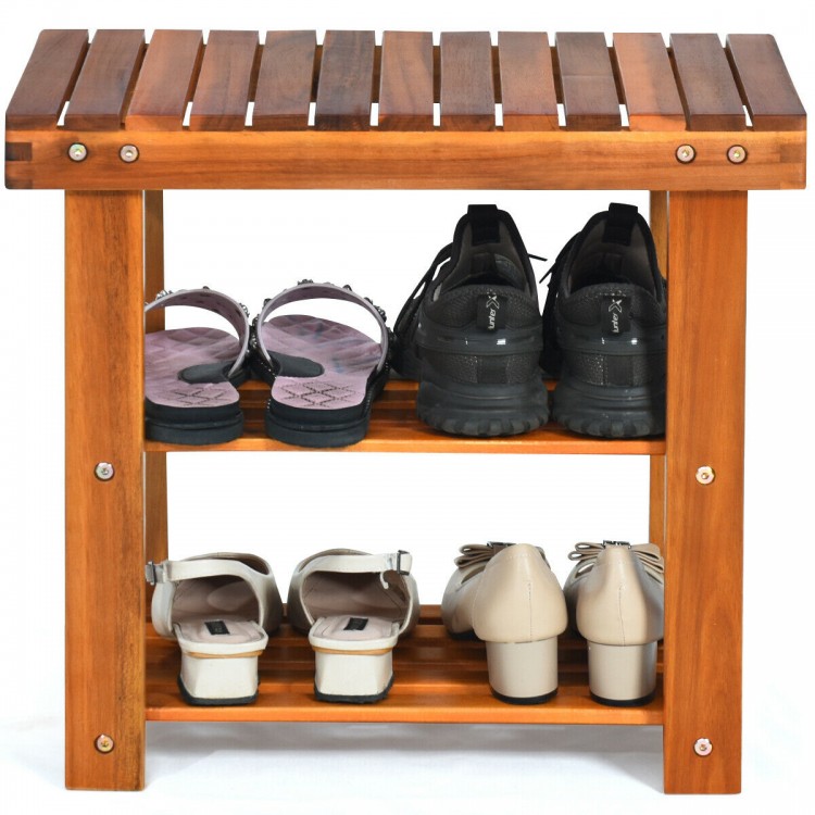 3-tier acacia wood shoe bench organizer with solid construction, featuring a convenient seating height for entryways.