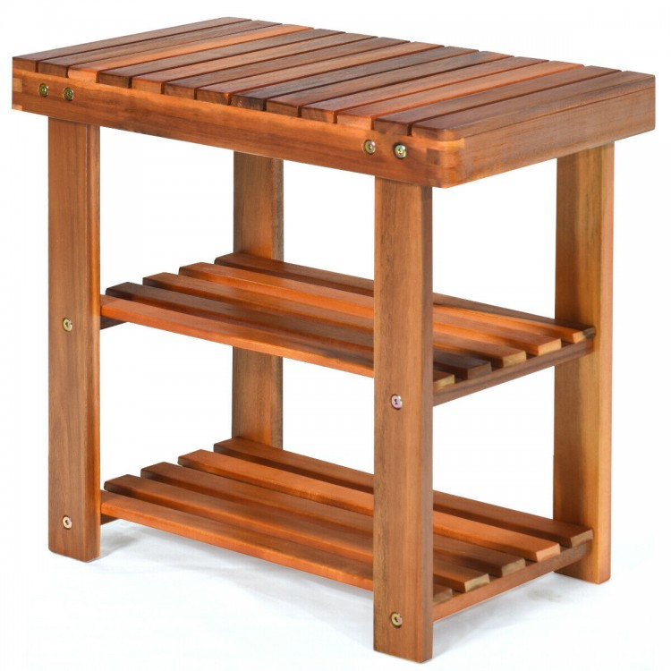 3-tier acacia wood shoe bench with solid construction, providing storage and seating for entryway or living room use.