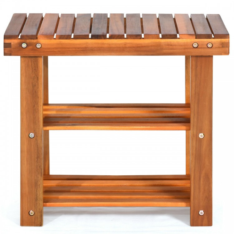 Three-tier acacia wood shoe bench with solid construction, ergonomic height, ideal for entryway or garden storage.
